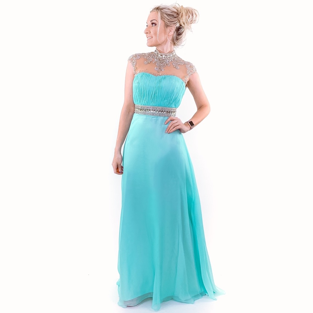 Aqua Chiffon Illusion Evening Gown Prom Dress - Picture 5 of 8
